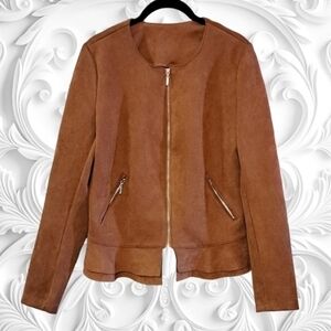 Love Scarlett Brown Faux Suede Peplum Zip Up Long Sleeve Jacket Size Small
